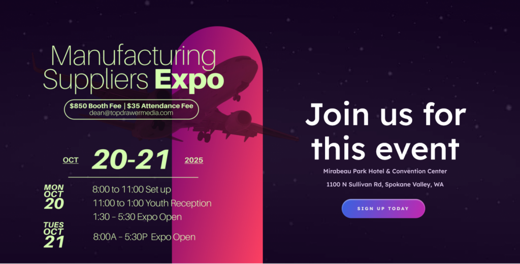 The 2025 Manufacturing Suppliers Expo is an event dedicated to connecting buyers and sellers within the regional manufacturing industry. Now in its second year, the expo will take place on October 20-21, 2025, at the Mirabeau Park Hotel and Convention Center in Spokane Valley, Washington.